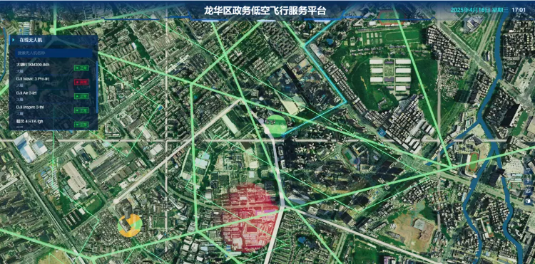 龙华区打造全区空域航线一张图,为政务无人机运营提供风险预警、路径优化和仿真模拟等功能
